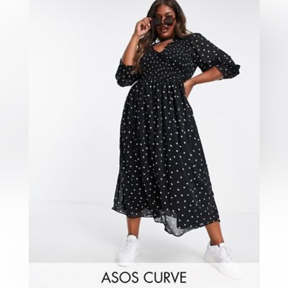 Asos Design Curve MidiSmock Dress with shirred cuffs in mono spot print